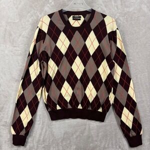 Massimo Dutti Argyle Cotton Crewneck Sweater Burgundy Cream Women L Preppy Fall